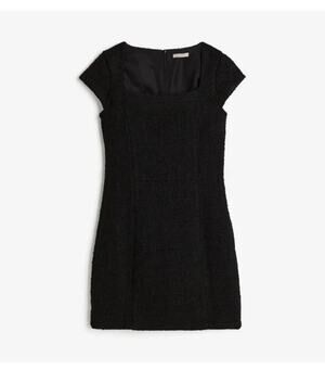 NWT H&M Short Cap Sleeve Square Neck Bouclé Tweed Mini Dress in Black Size Small